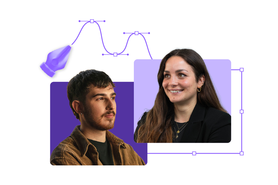 One man and a women dark-haired in two purple squares connected by the dots of the pen tool