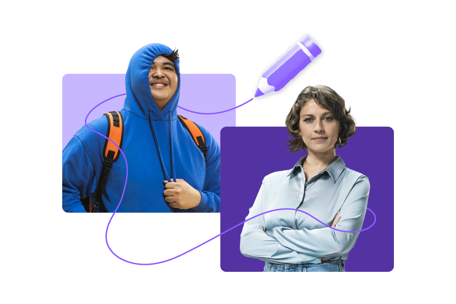 One student in a blue hoodie and a teacher in a light blue blouse inserted into two purple squares and connected by a pencil trait